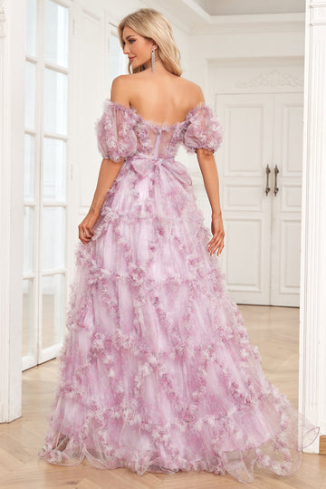 Charming A Line Off the Shoulder Purple Long Ball Dress with Printing